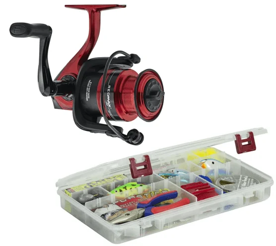 

Red Max Spinning Fishing Reel with a ProLatch Large 3700 Organizer Tackle Box