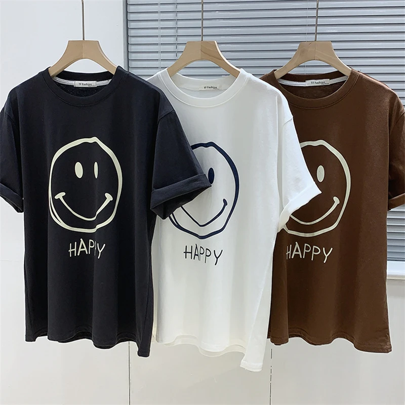 

Футболка женская с надписью Smiley, весна-лето 2022, новый стиль, Свободный пуловер, Корейская версия, с круглым вырезом и коротким рукавом