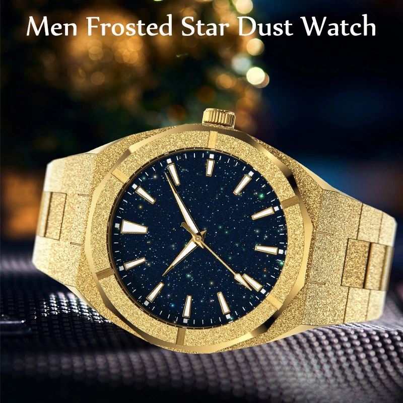 45mm Matte Star Dust Dial Rose Gold Full Stainless Steel High Quality Luxury Frosted Japanese Miyota Quartz Watch Clock for Men