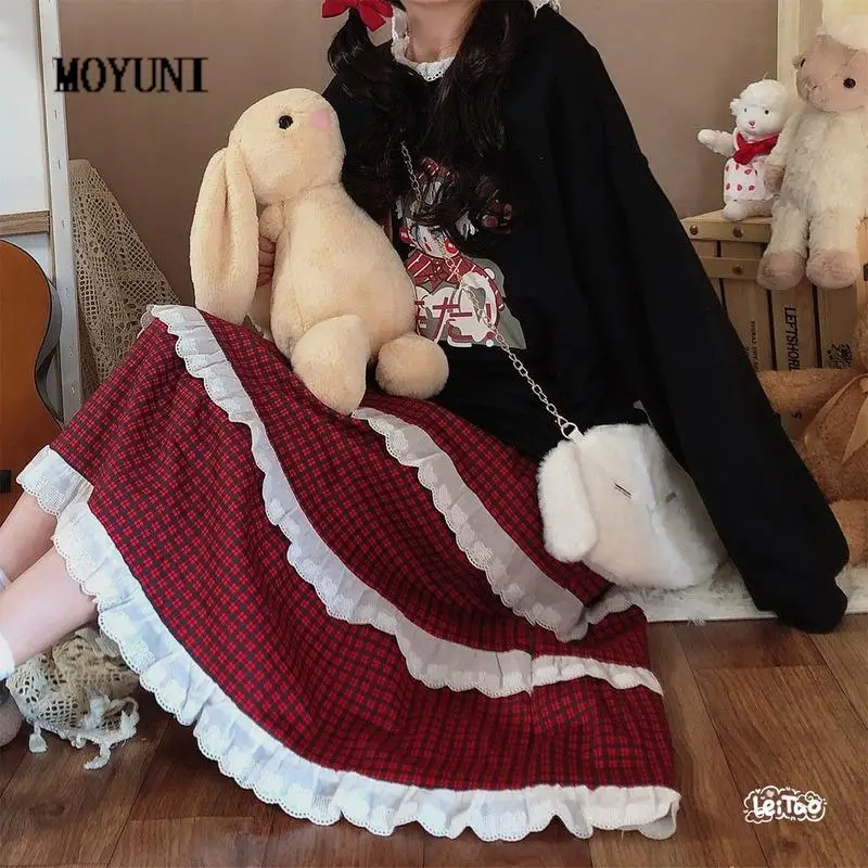 

Christmas Skirts Women Elegant Plaid Sweet High Waist Skirts Female Japanese Kawaii Lace Chiffon Midi Korean Skirts Women 2020