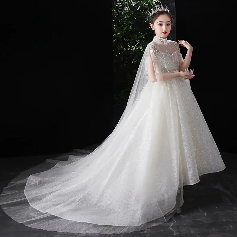 2023 Teens Princess Mermaid Dress with Cloak Kids Girl Sequined Tulle Lace Wedding Bridesmaids Costume Children Formal Vestidos enlarge