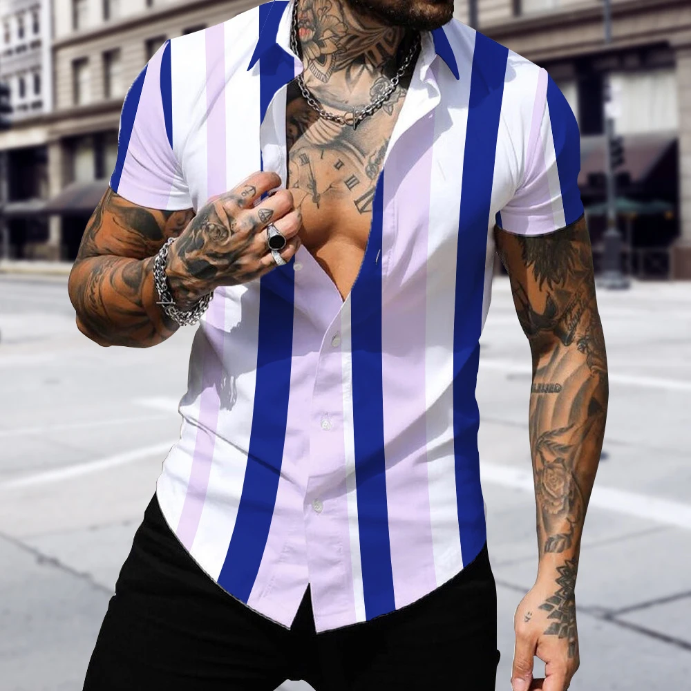 

Мужская летняя рубашка из полиэстера с коротким рукавом, Повседневная Гавайская пляжная Мужская футболка с принтом, футболка с отложным во...