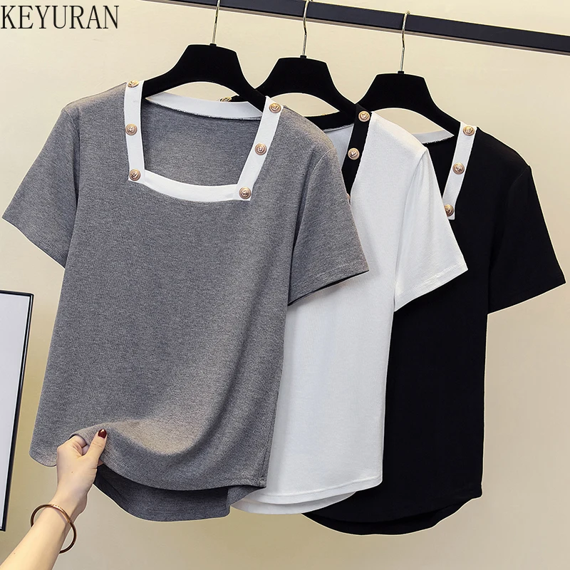 

Футболка женская оверсайз, тонкая Свободная трикотажная футболка с квадратным вырезом и коротким рукавом, Одежда большого размера, лето 2022