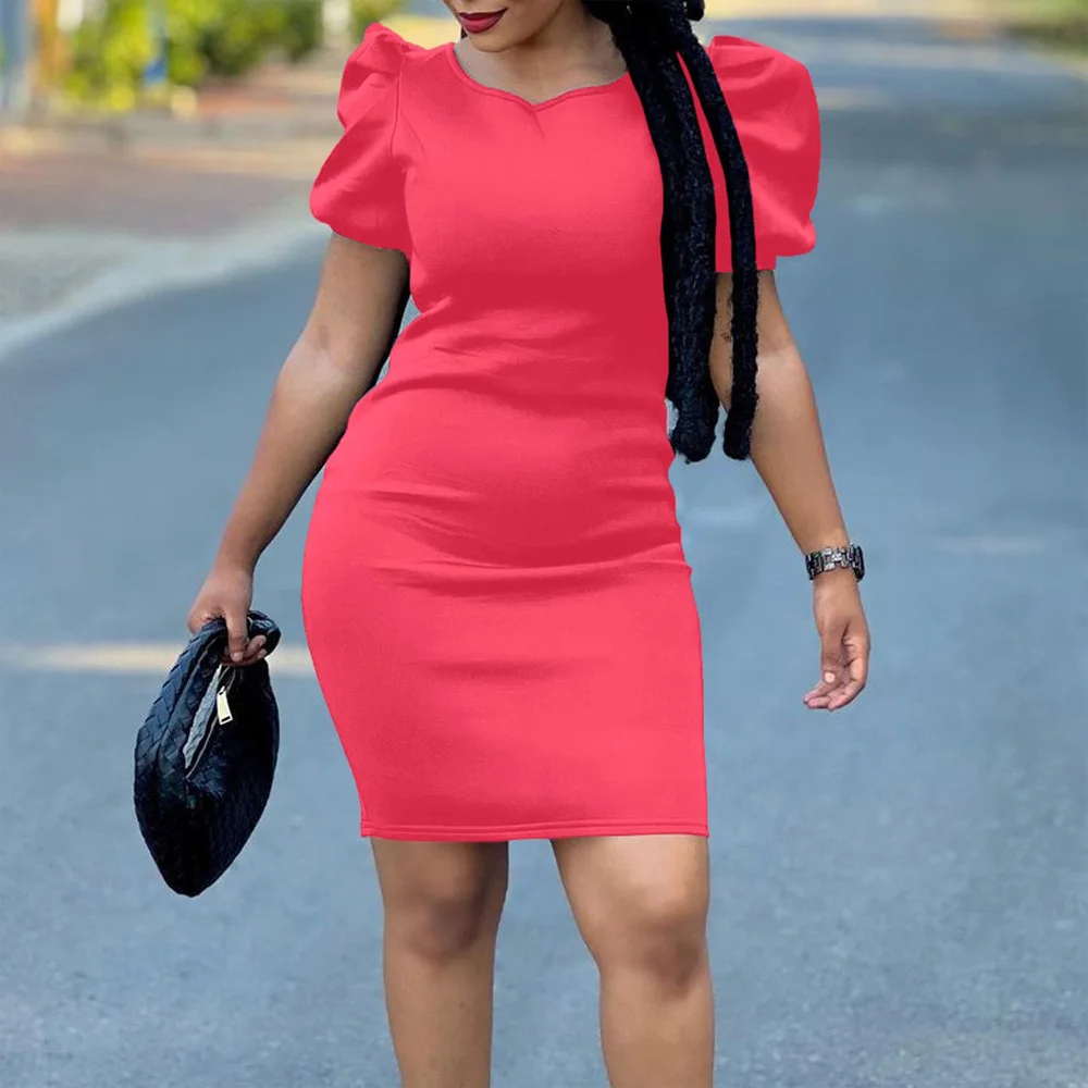 

2023 Summer New Dresses for Women Solid Round Neck Puff Sleeve Bodycon Mini Length Elegant Office Business Work Dress Cloth Hot