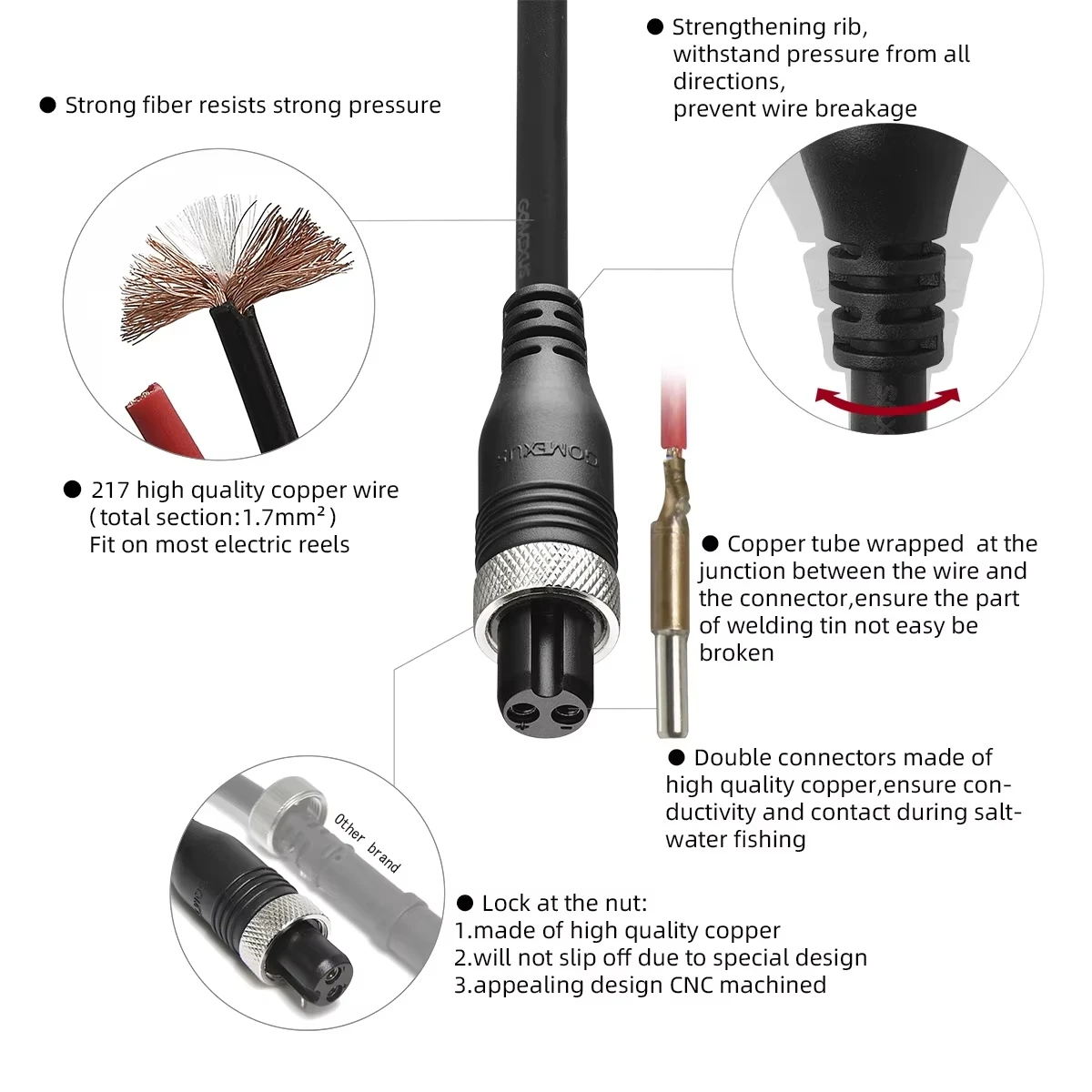 Фото Кабель питания Gomexus 270 см, 500 см для электрических катушек Daiwa Tanacom 750, 1000, Seaborg 200-500, Shimano ForceMaster №4