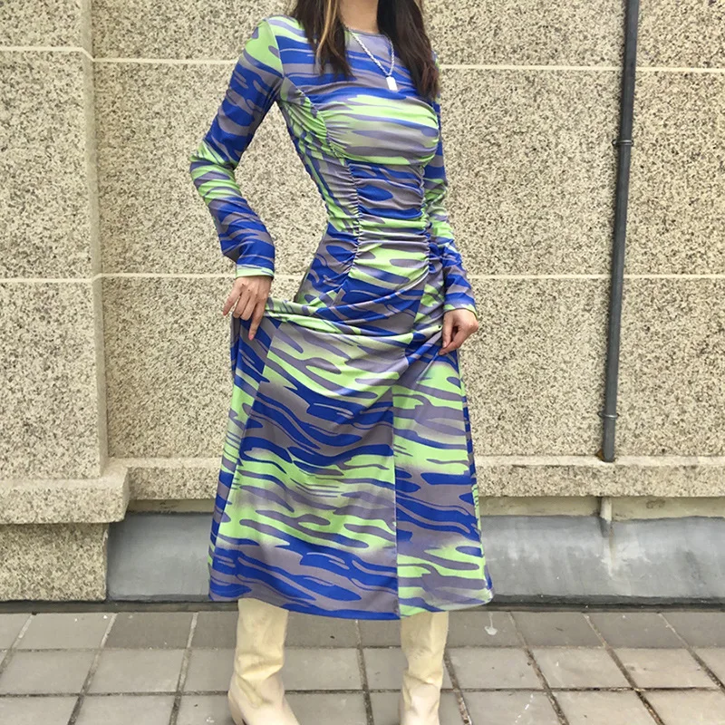 

Fashion 2021 Autumn Trend Women's New Temperament Pencil Skirt Long-sleeved Round Neck Bag Hip Slim Printed Dress Female Skirt