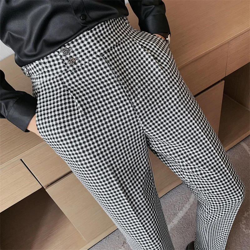 

Suit Wedding Business Style Trousers Waist High Men Pants Groom Men British Casual Fashion Dress Pants Houndstooth Social Office