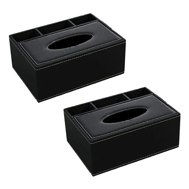 

Best 2X PU Tissue Box Remote Control Holder Multifunctional Desktop Organizer Pencil Scissor Container (Black)