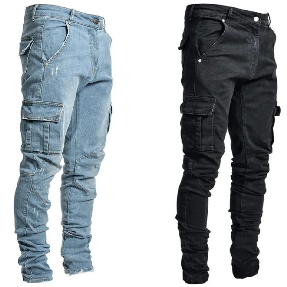 Summer Fashion Street Wear Men's Slim Fit Jeans Wash Solid Multi Pocket Denim Mid Waist Strap Jeans Casual Men's Clothing