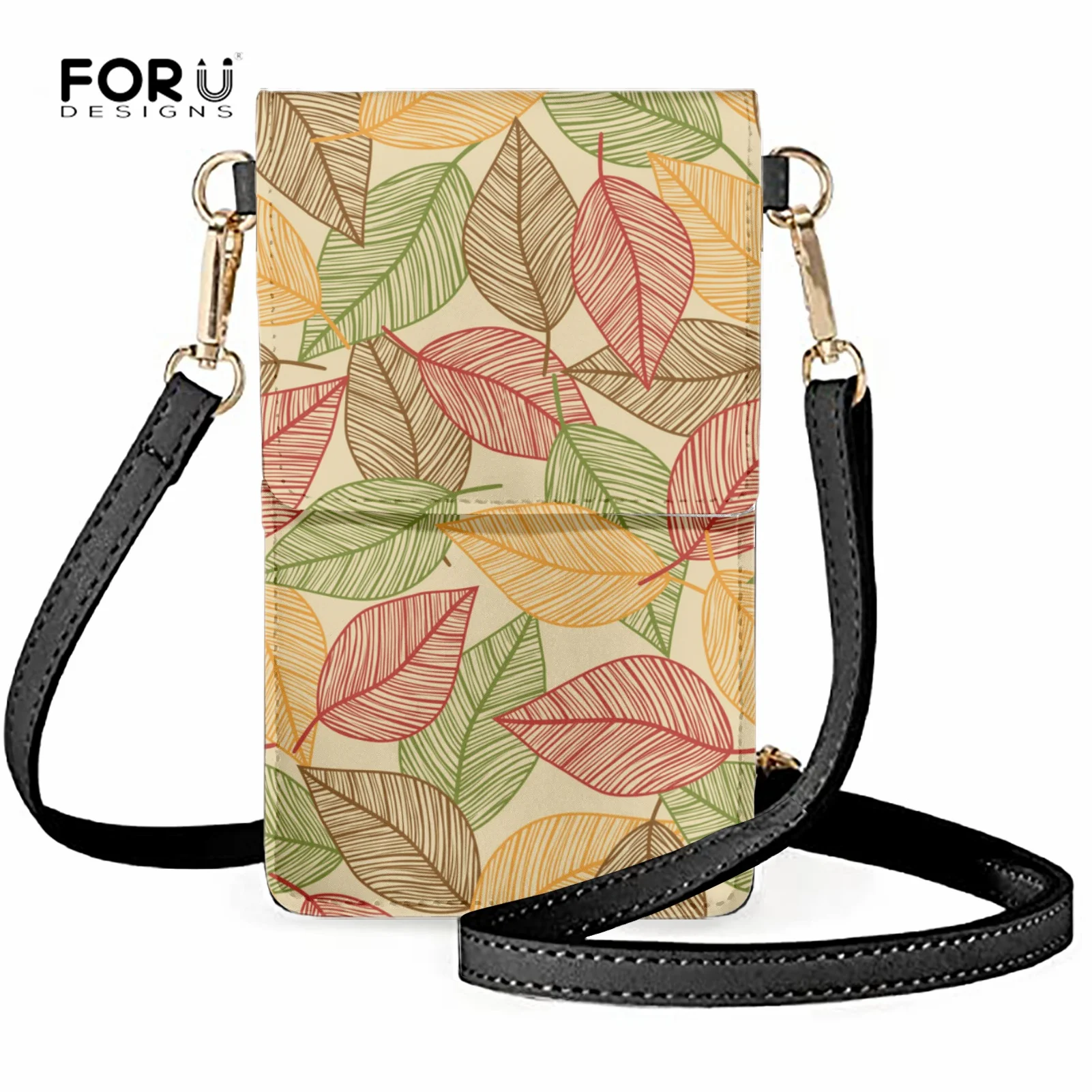 

FORUDESIGNS Women Mobile Phone Bag Colorful Leaf Design PU Leather Cellphone Purse Crossbody Messenger Bag Bolsa Feminina