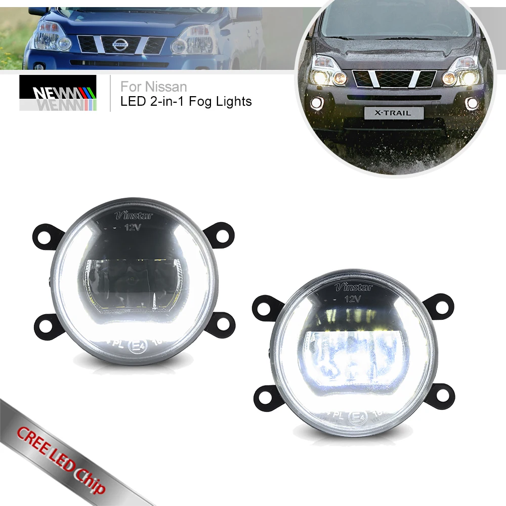 

2Pcs For Nissan Xterra 2004-2013 X-trail 2007 Cree LED 2in-1 Front Daytime Running Lights Fog Lamps DRLs Canbus Halo Headlights