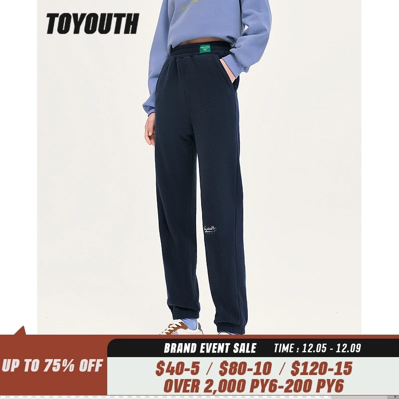 

Toyouth Women Fleece Sweatpants 2022 Winter Elastic Waist Loose Straight Trousers Brown Navy Thick Warm Casual Sport Pants