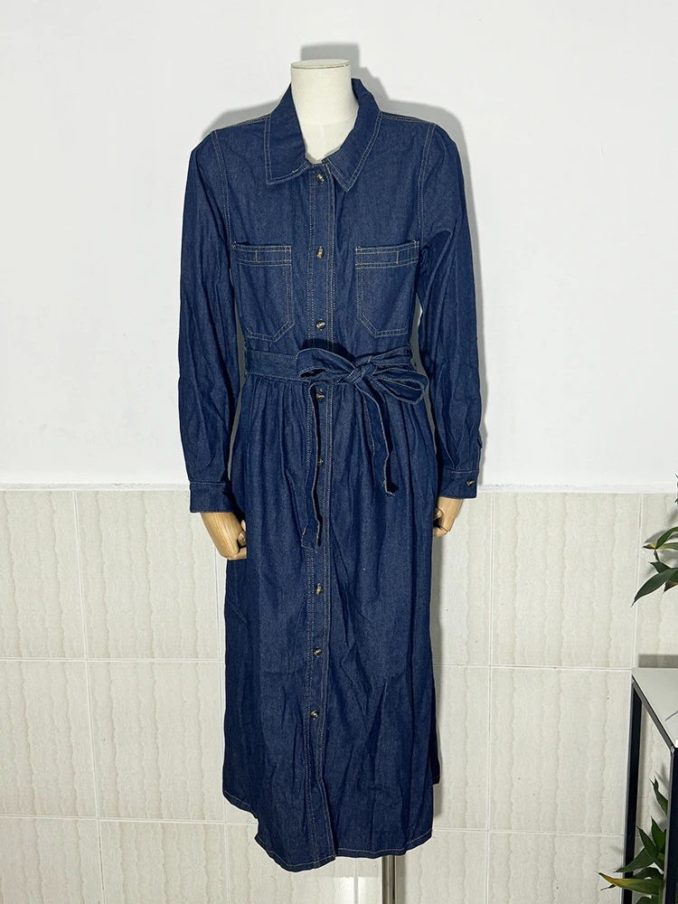 [EWQ] Винтажное модное однобортное джинсовое платье на шнуровке элегантное