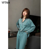 yftnh womens pajamas sets soft silk v neck button down long sleeve night shirt and pants outfits solid color plain spring fall