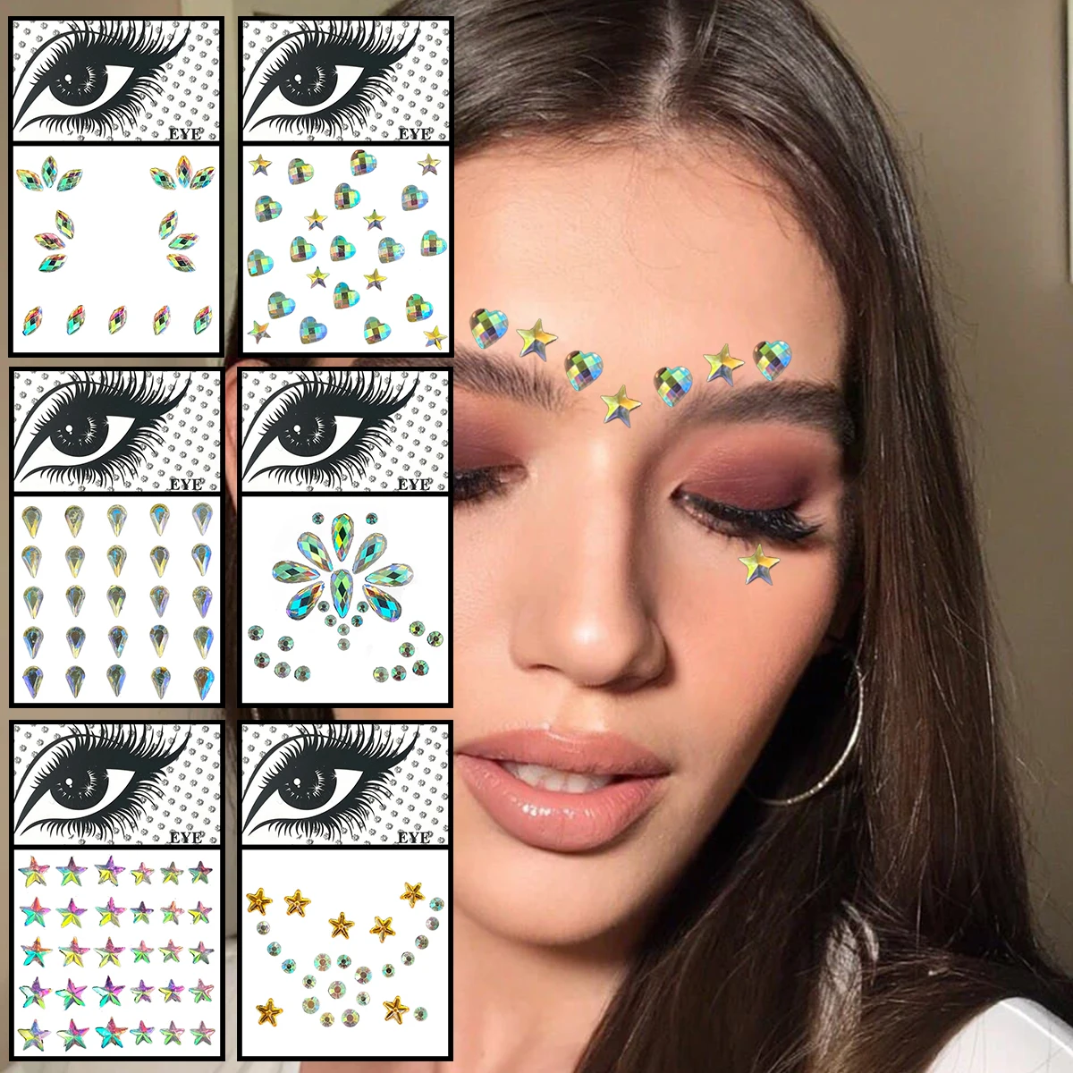 

Star Heart Face Gems Temporary Tattoos Eyes Eyebrow Rhinestones Jewelry Sticker Bling Tears Dots Makeup Jewels Party Decoration