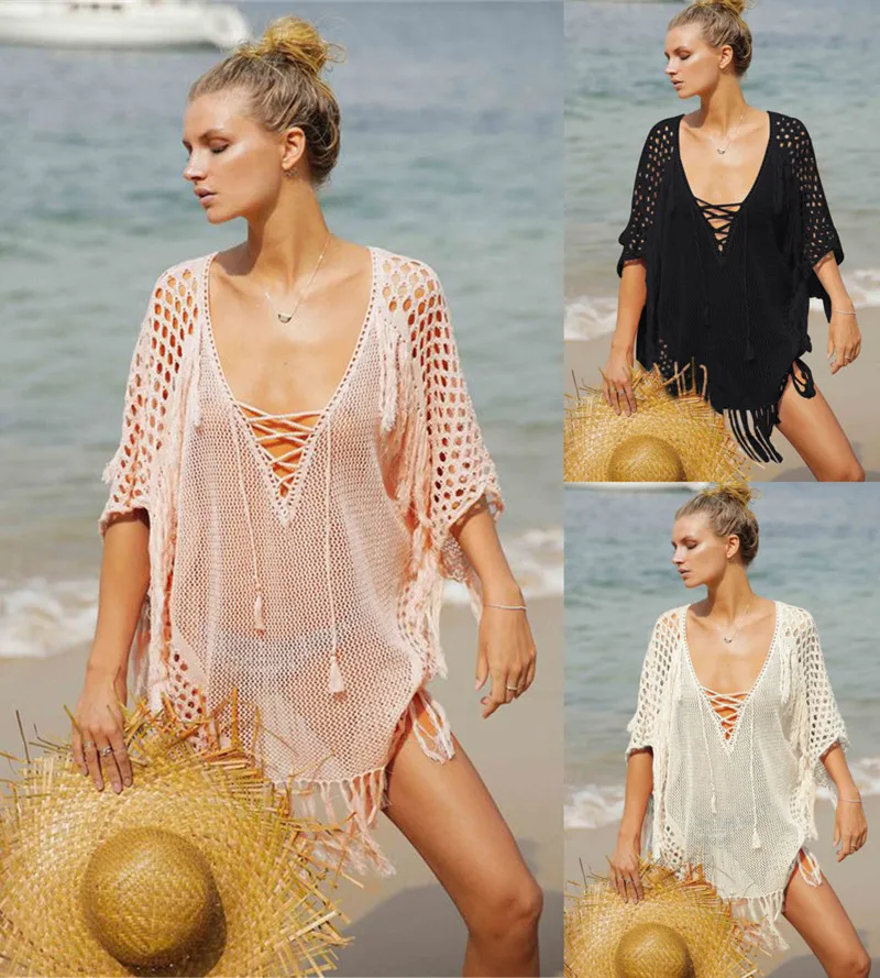 

Women Cover Ups Beach Blouse Knit Fringed Sexy Knitted Holiday Dress Bikini Cover Ups for Swimwear Women See Through Cover-ups