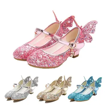 Princess Butterfly Leather Shoes Kids Diamond Bowknot High Heel Children Girl Dance Glitter Shoes Fashion Girls Party Dance Shoe 1