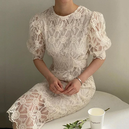 

Woherb Lace Embroidery Hook Dresses Women Robe Elegant High Waist Dress 2022 Summer Puff Sleeve O-neck Slim Split Vestidos