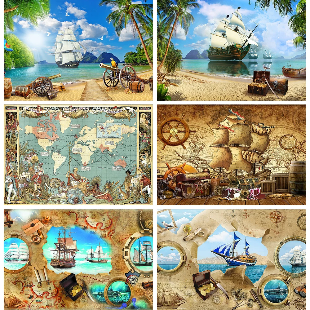 

Фон для фотосъемки с изображением пиратского корабля и морского корабля, охоты за сокровищами, карта мира, охота за сокровищами, детский фон...