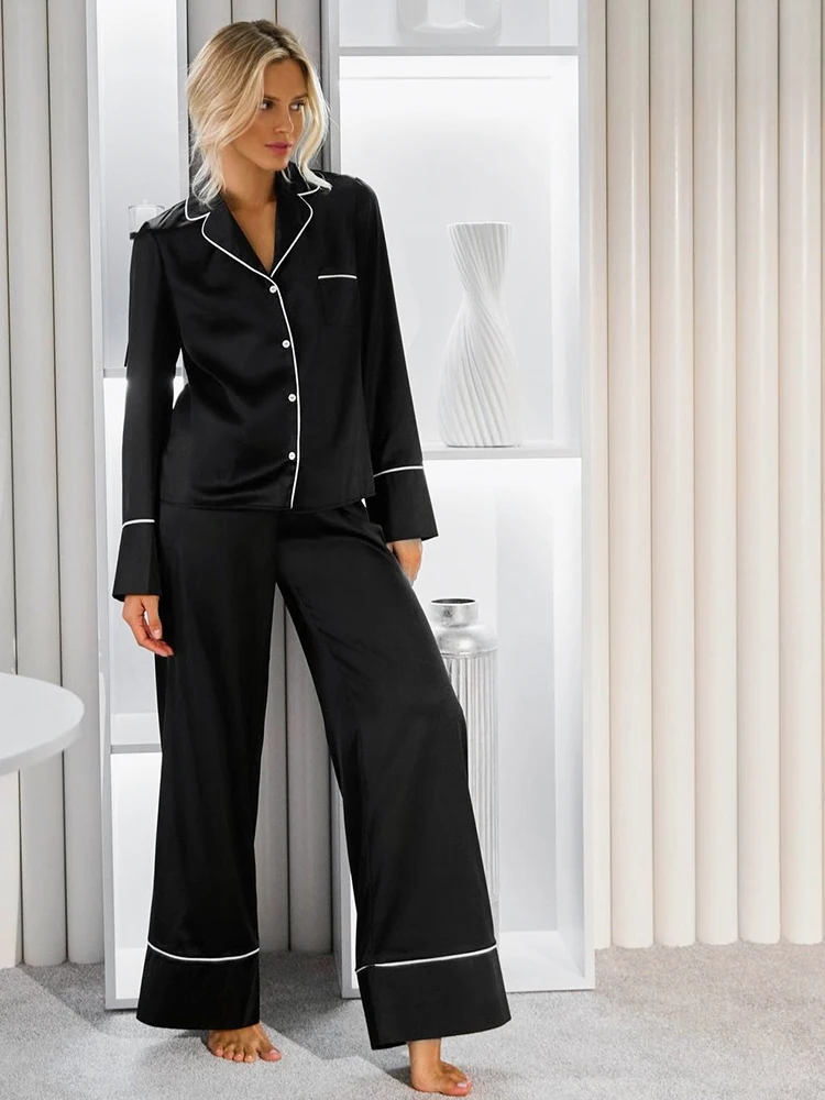 

Черная Пижама Hiloc, женская зимняя одежда для сна с длинным рукавом, Женская однобортная Домашняя одежда, комплекты с широкими штанинами и ка...