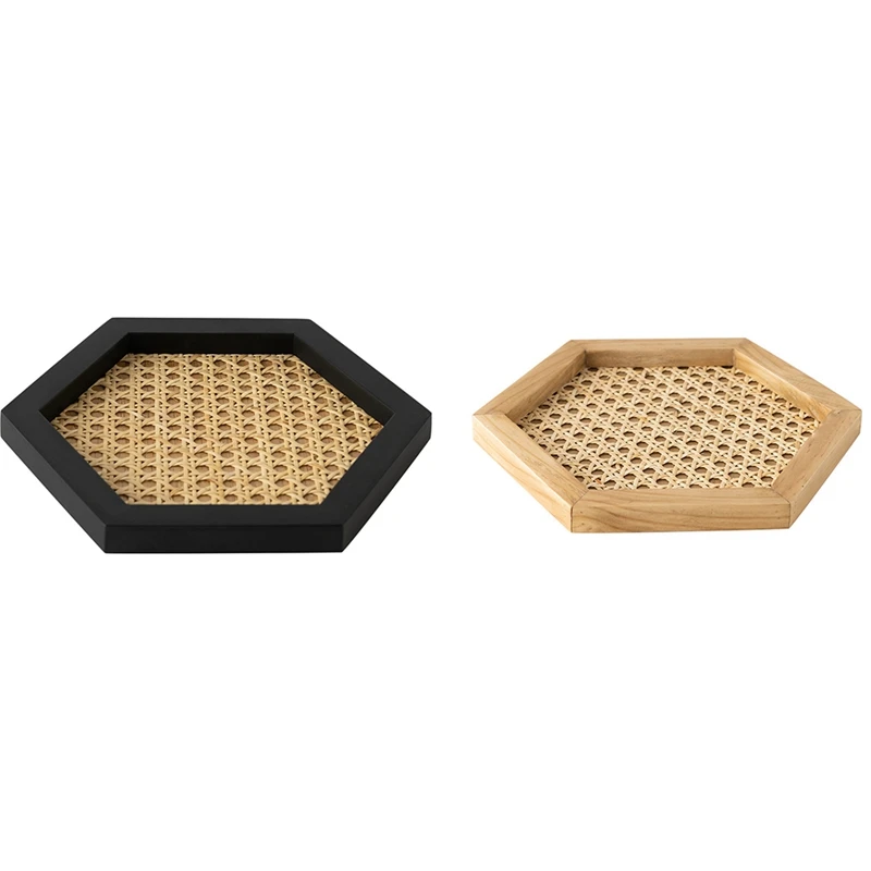 

2 Pcs Home Nordic Rattan Woven Tray Wooden Handmade Ins Wind Geometric Ornament Key Storage Tray Black & Wood Color