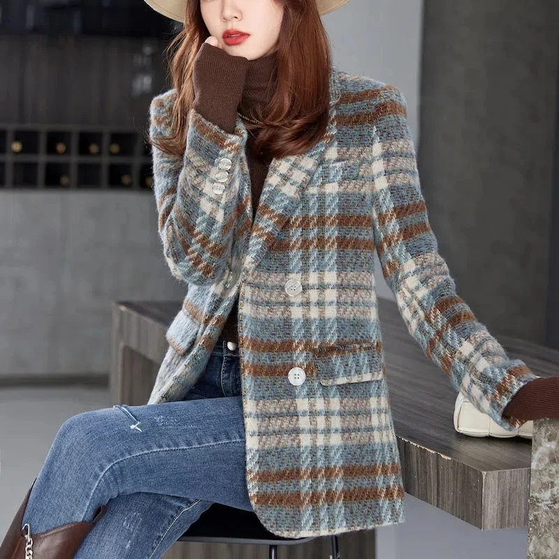 Plaid Woolen Suit Women Coat Autumn Winter 2023 New Korean Medium Long Sleeve Blazers Woman Jacket Casual Ladies Blazer Tops E20