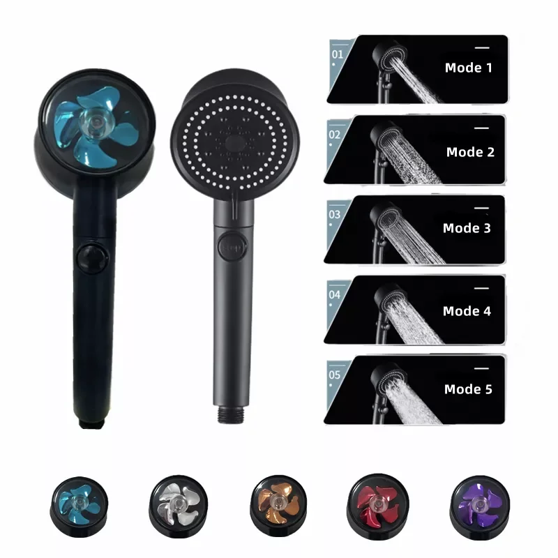 

Modes Water Saving Shower Head Black High Pressure Turbo Shower One-key Stop Water Shower Head With Small Fan For Bathroom