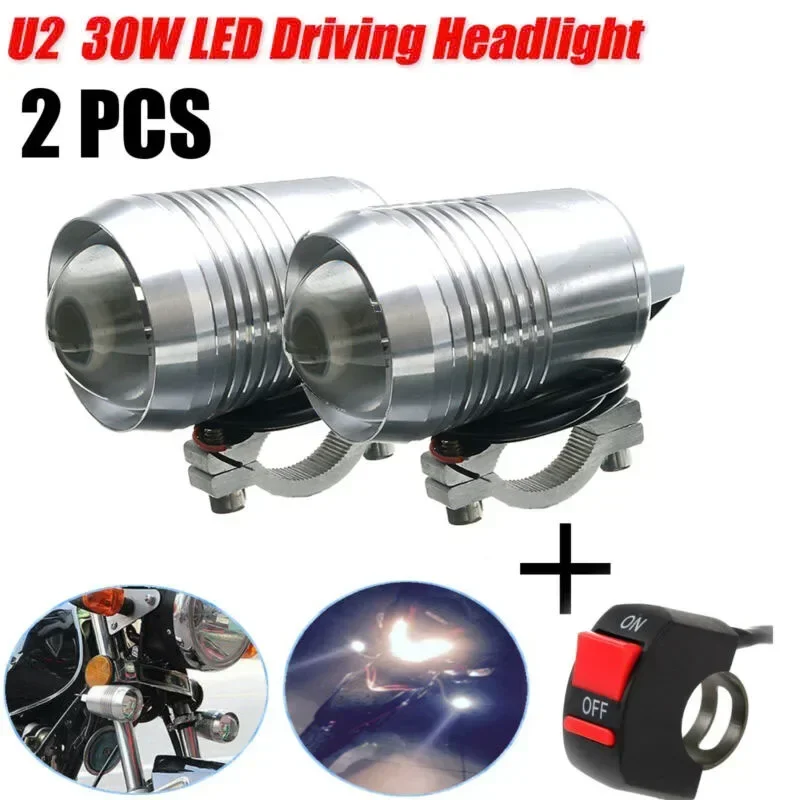 

2 шт. 30 Вт U2 мотоциклетные светодиодные противотуманные фары водонепроницаемые металлические фары для вождения мотоцикла дальнего/ближнего света с переключателем
