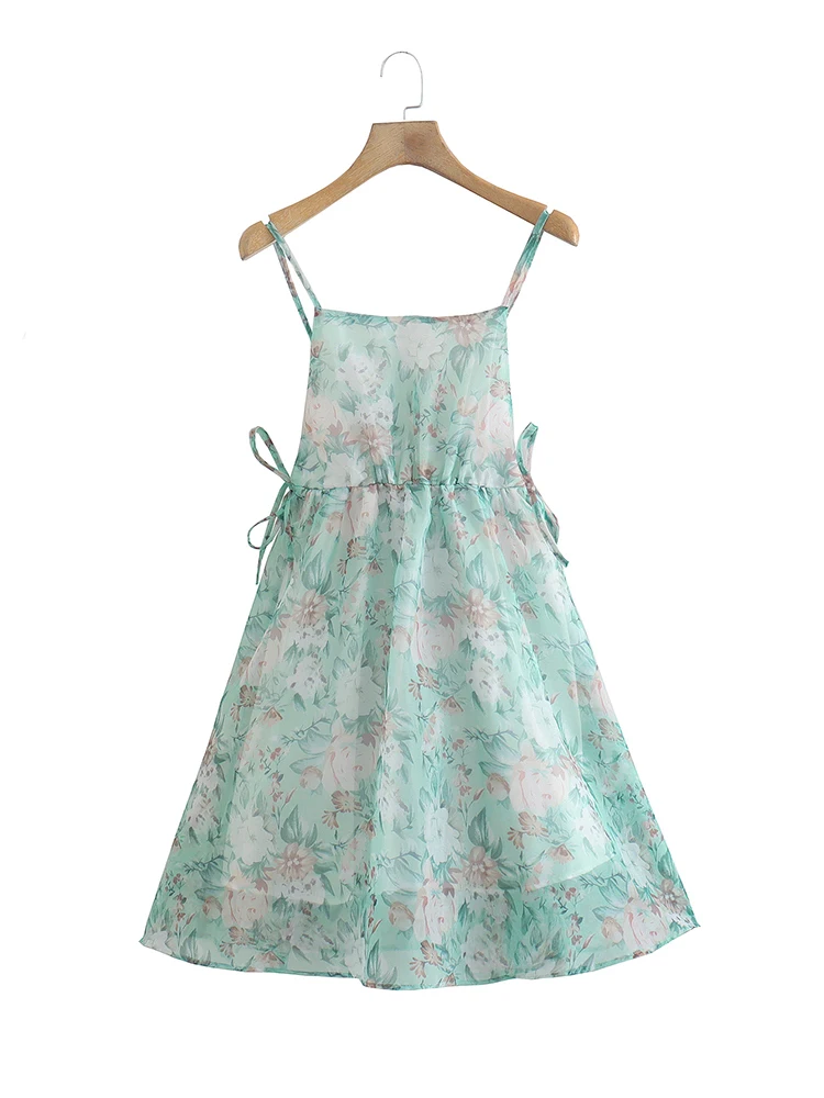 

Summer Floral Print Camisole Green Chiffon Dress Women Side Bandage Backless A-line Dresses 2022