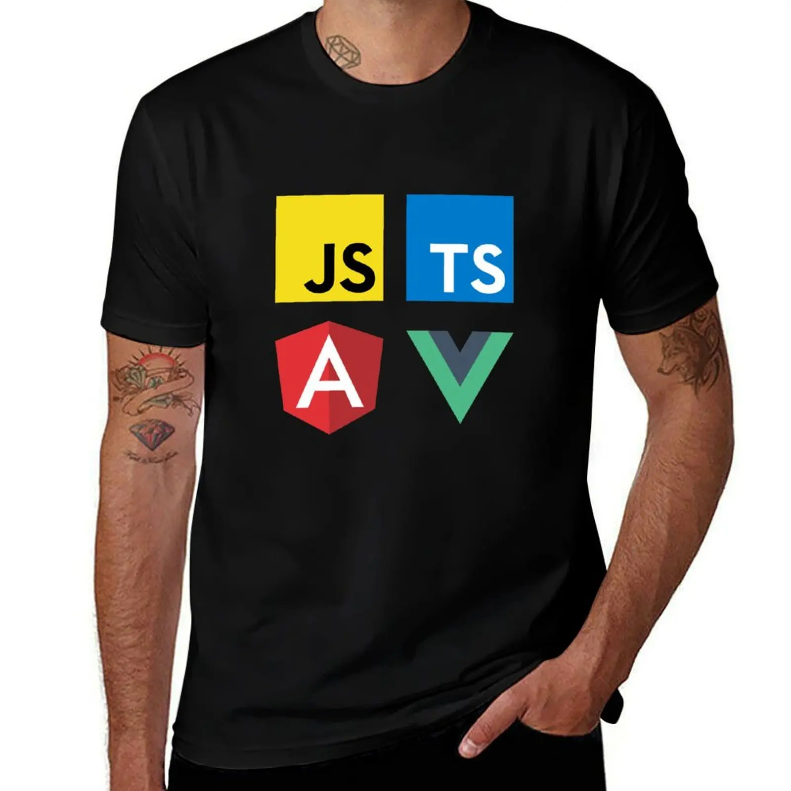 Фото Футболка больших размеров с надписью Vue, TypeScript, Angular and JavaScript (черная), универсальная футболка №1