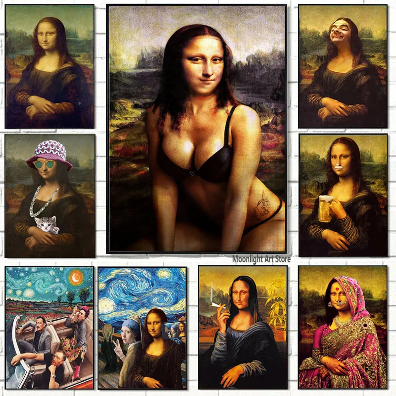 

Abstract Mona Lisa Graffiti Poster Mr Bean Portrait Figure Canvas Painting Van Gogh Wall Art Picture for Room Home Cuadros Decor