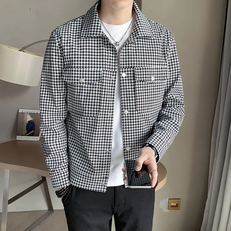 

2022 Men Clothing Turn-down Collar Single Breasted Casual Outerwear Coat Fashion Jacket Men Spring Autumn Men's Slim Plaid Coat