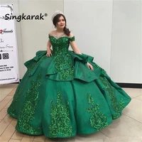 dark green quinceanera dresses 2022 off shoulder lace applique sequins ball gown tulle sweet 16 dress lace up back
