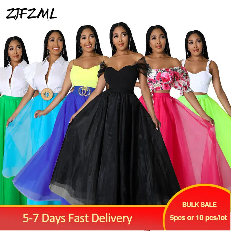 

Bulk Items Wholesale Lots Trendy Women's Mesh Sheer Patchwork Pleated Maxi Skirts Summer Empire Wiastline A-line Princess Skirt