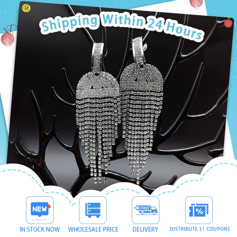 

JICAI Long Tassel Rhinestone Earrings For Women Silver Designs Beautiful Bridal Drop Dangling Earrings Wedding Party Jewelry