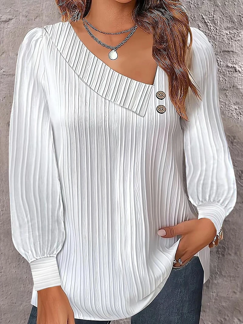 

White Pullover Shirt Long Sleeve Loose Top Women 2023 Autumn Fashion Button Skew Collar Ruched Blouse Woman Elegant Office Tops