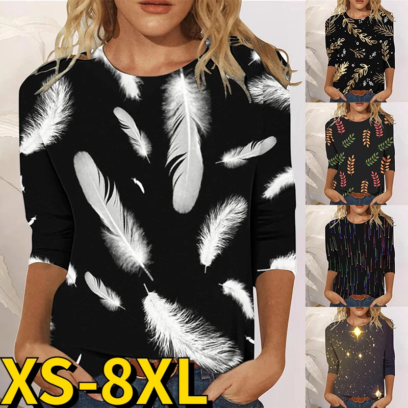 

Женский приталенный пуловер с круглым вырезом, повседневный топ с винтажным принтом перьев, Элегантная футболка с длинным рукавом, Осень-зи...