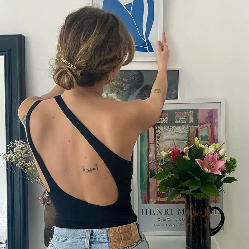 

2022 Summer Solid Color Backless One Shoulder Bodysuit Women Sexy Hollow Design Top Jumpsuits Slim Backless Sleeveless Jumpsuit