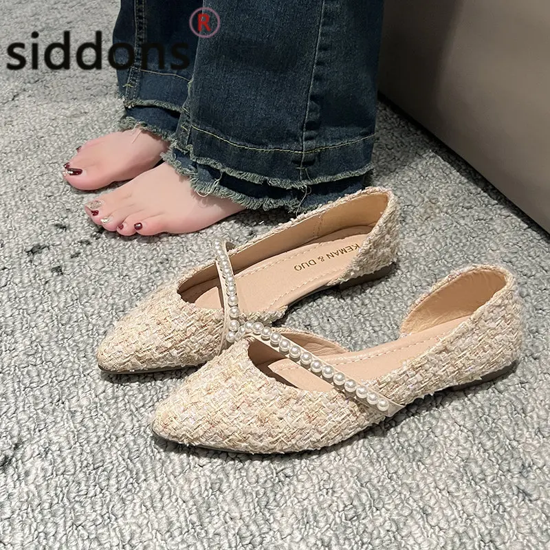 2023 pearl decoration women's flat shoes summer hot selling women's pointy flat shoes