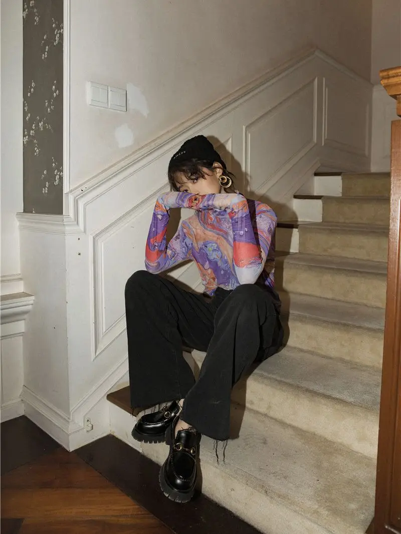 Женская Сетчатая футболка CHEERART с длинным рукавом фиолетовая принтом и высоким