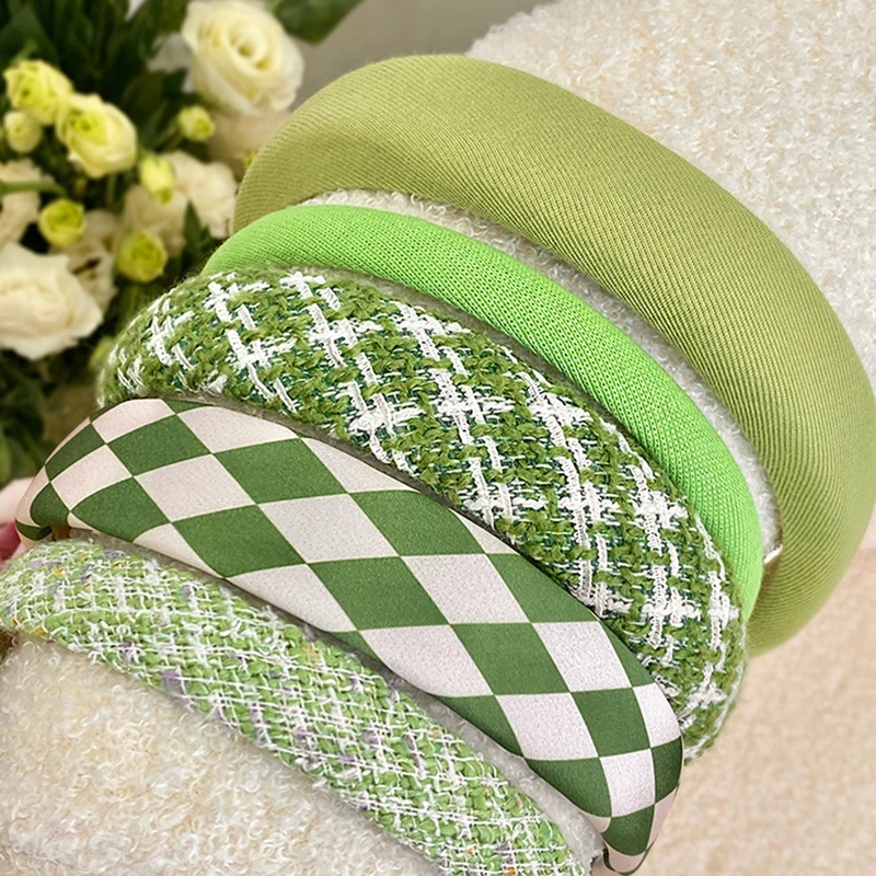 

Fashion Green Lattice Headband Woman Wide Sponge Hair Band Headdress Girl Sweet Solid Color Hair Hoop Female Hair Accessories