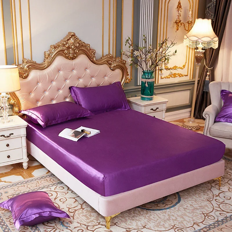 

2023 High End Satin Silky Fitted Bed Sheet Luxury Home Solid Single Double Bed Sheets Pillow Cases Elastic Band Mattress Cover
