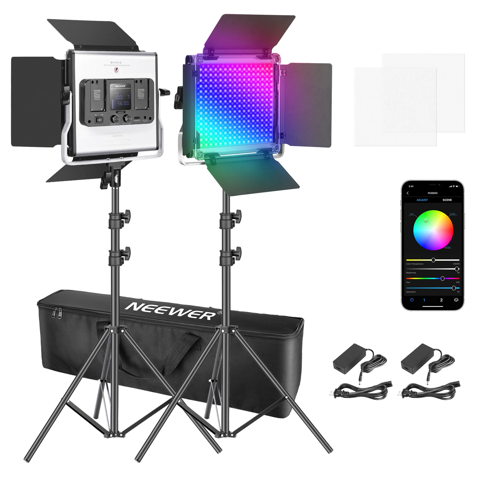 

Neewer 2 or 3 Packs 660 RGB Led Light with APP Control, Photography Video Lighting Kit with Stands and Bag, 660 SMD LEDs CRI95