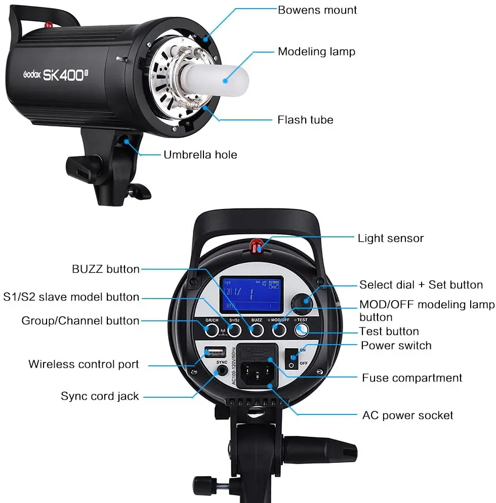 Фото Студийный стробоскоп Godox SK400II 400Ws GN65 5600K, стробоскоп с креплением Bowens для студийной съемки, беспроводная система X 2,4G №5