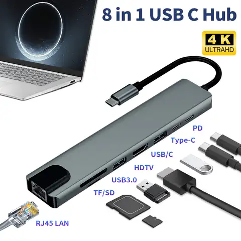 Док-станция 8 в 1, USB Type-C, HDMI, SD/TF