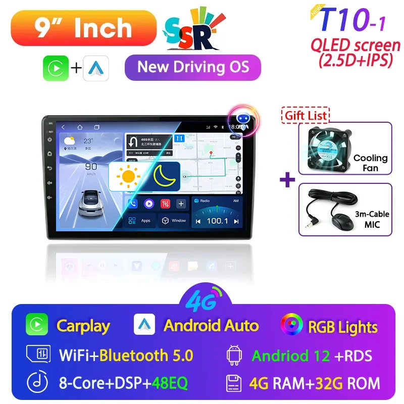 

Srnubi SSR 9 10-дюймовый универсальный Android 12 Carplay Автомобильный радиоприемник Мультимедийный плеер Навигация GPS 2 Din DVD IPS Стерео головное устройство