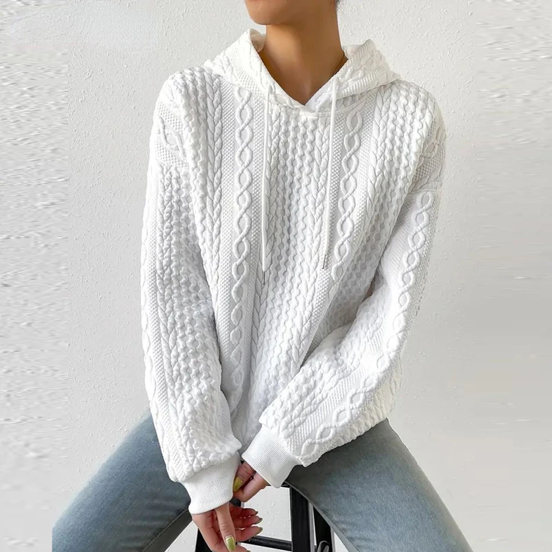 

Autumn Women Long Sleeve Jacquard Pattern Knitted Jumper Hoodie Fashion Casual Solid Color Office Top Female Sweatshirt Pullover
