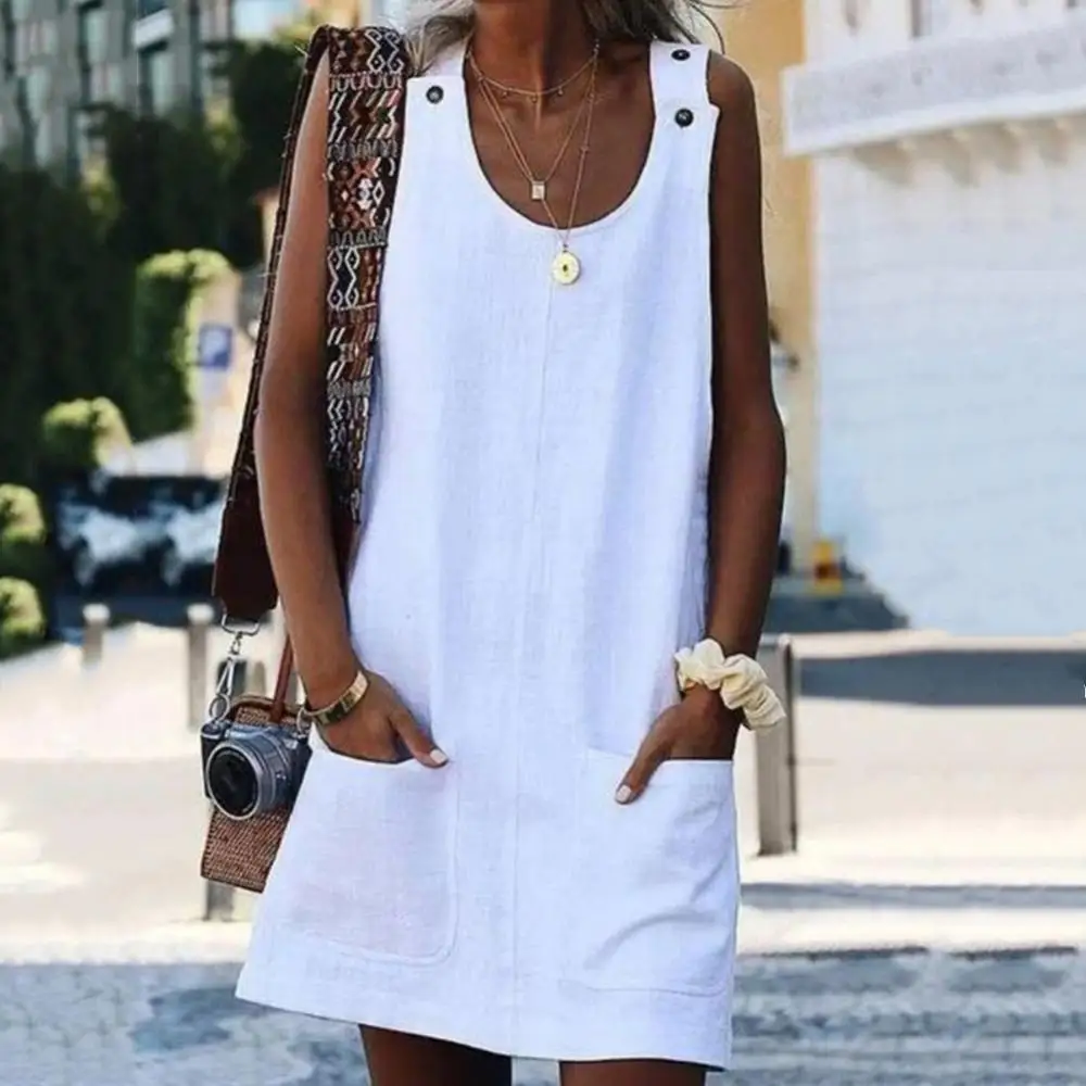 

Summer Loose Vintage Beach Casual Women Solid Color Pocket Dress Sleeveless Button Sundress for Women Casual Women Clothes