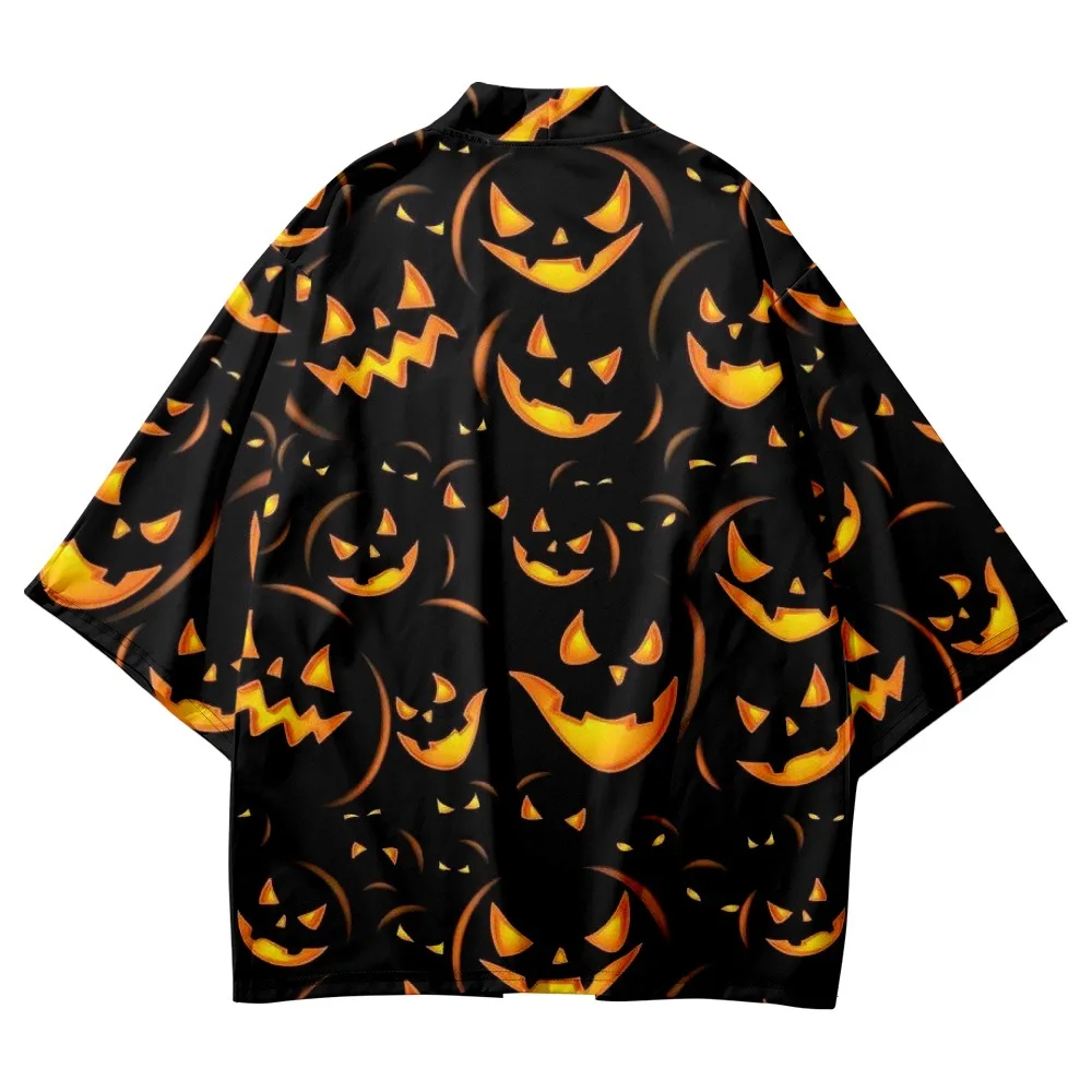 

Yukata Beach Cardigan And Shorts Set Haori Obi Japanese Traditional Halloween Black Pumpkin Print Kimono Streetwear Shirt