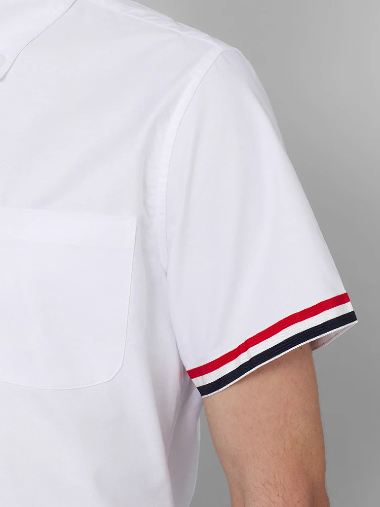 TB THOM Men's Shirt White Fashion Top Brand Striped Cuffs Casual Oxford Fine Cotton Short Sleeve High Quality Summer Cool Shirts